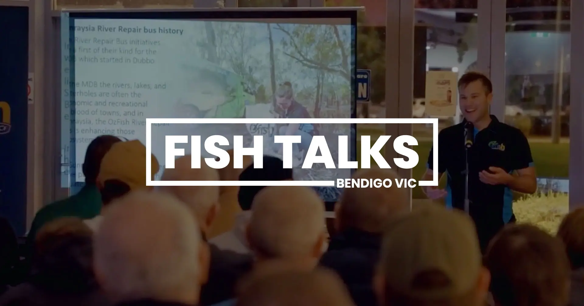 The background is of a person presenting to an audience and the foreground is a logo that says Fish Talks Bendigo