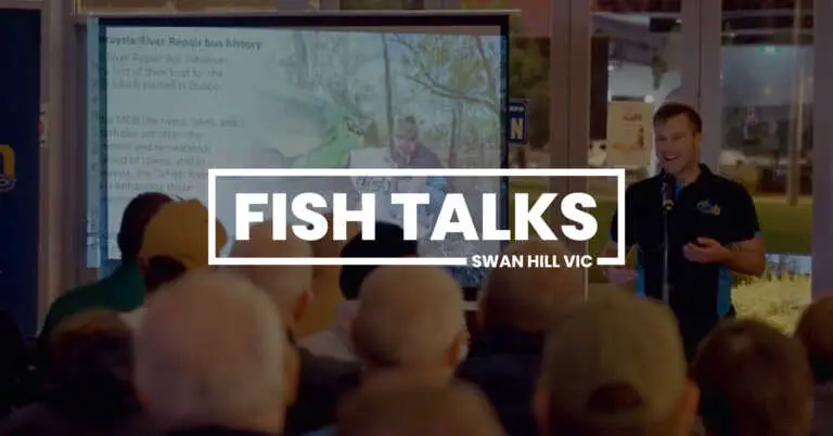 The background is of a person presenting to an audience and the foreground is a logo that says Fish Talks Swan Hill