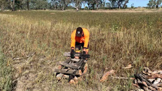 A young man standing over some stacked logs in a grassy field