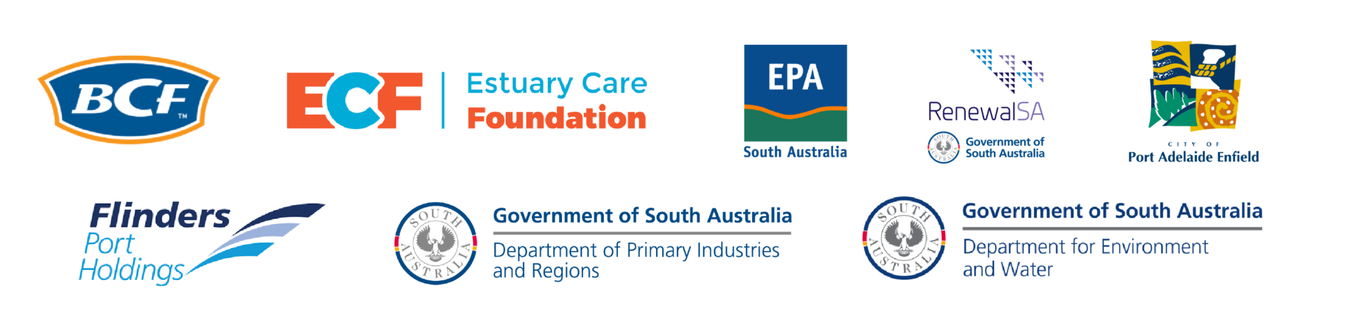 Estuary Care Foundation, Environment protection authority (EPA), Department of Environment and Heritage, Renewal SA, Primary Industries and Regions South Australia (PIRSA), Flinders Port Holdings, City of Port Adelaide and BCF – Boating, Camping, Fishing logos stacked
